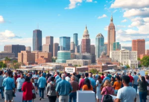 Vibrant Alabama city skyline during elections with people voting.