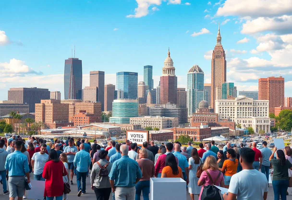 Vibrant Alabama city skyline during elections with people voting.
