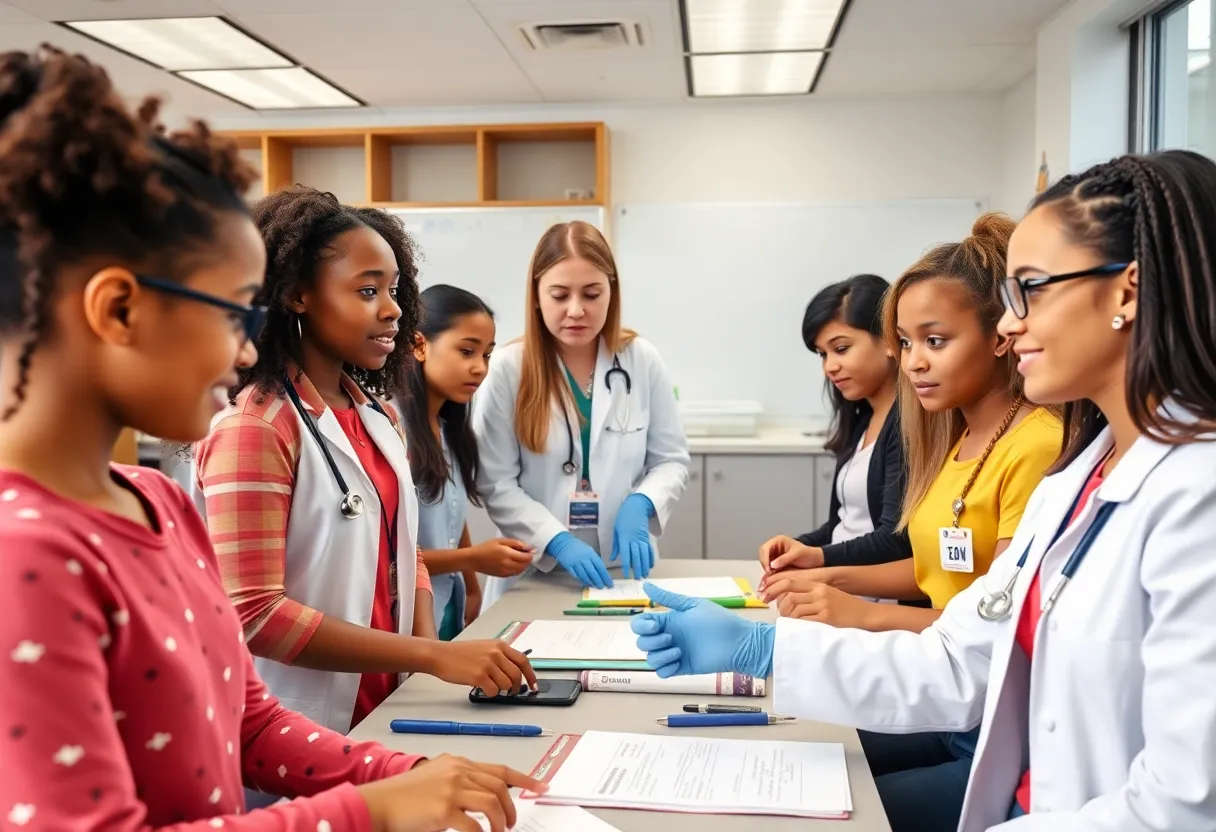 Students collaborating in a healthcare classroom setting at the Alabama School of Healthcare Sciences.