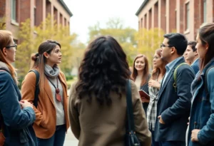 Students and faculty discussing free speech on university campus