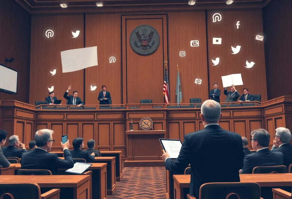 Courtroom scene related to free speech lawsuit