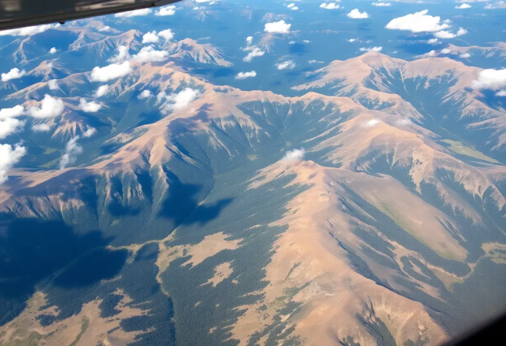 Aerial view of Bob Marshall Wilderness, showcasing its rugged terrain.