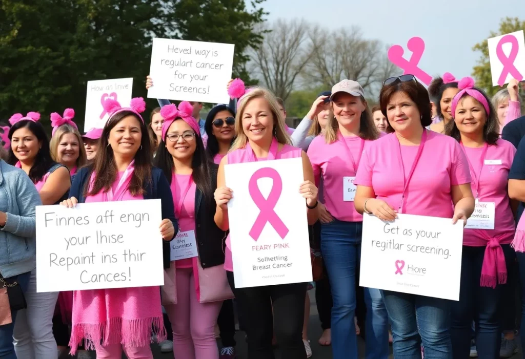 Community support for breast cancer awareness with individuals wearing pink.