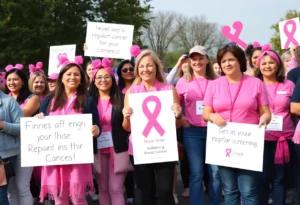 Community support for breast cancer awareness with individuals wearing pink.