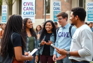 Young adults discussing political issues on campus during a tour event