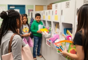 Community event showcasing Caring Link's care closets with supplies for students.