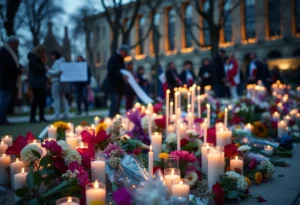 Memorial setup for Charlie Kirk with candles and flowers