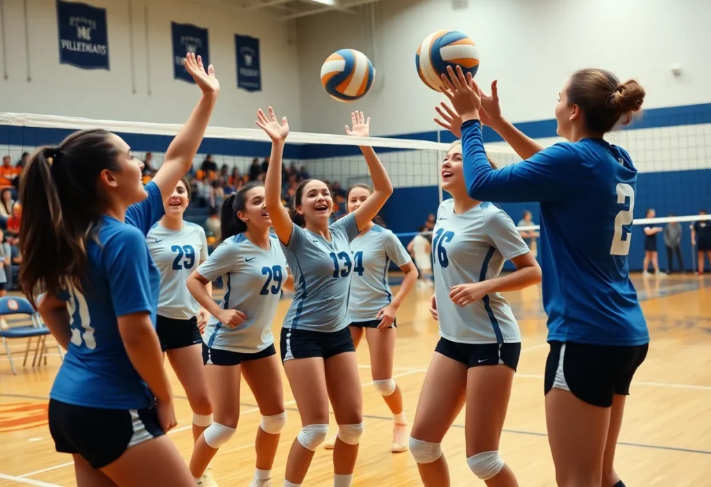 College Station Lady Cougars volleyball team celebrating after winning a match