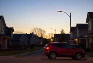 Neighborhood scene with a red SUV parked outside houses during twilight.