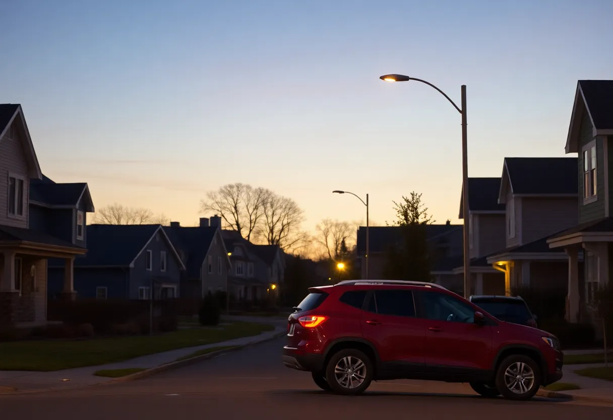 Neighborhood scene with a red SUV parked outside houses during twilight.