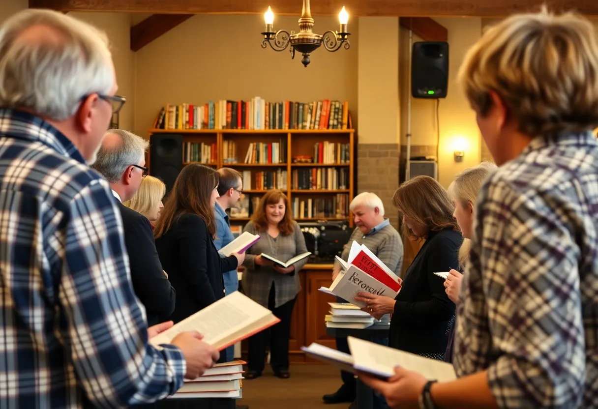 Attendees participating in a literary event discussing books.