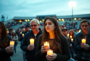 Community members holding candles during a vigil for the Anderson family.