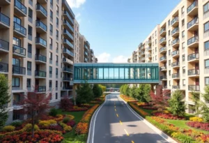 Aerial view of Constellation Huntsville, showcasing the apartment community and pedestrian skybridge.