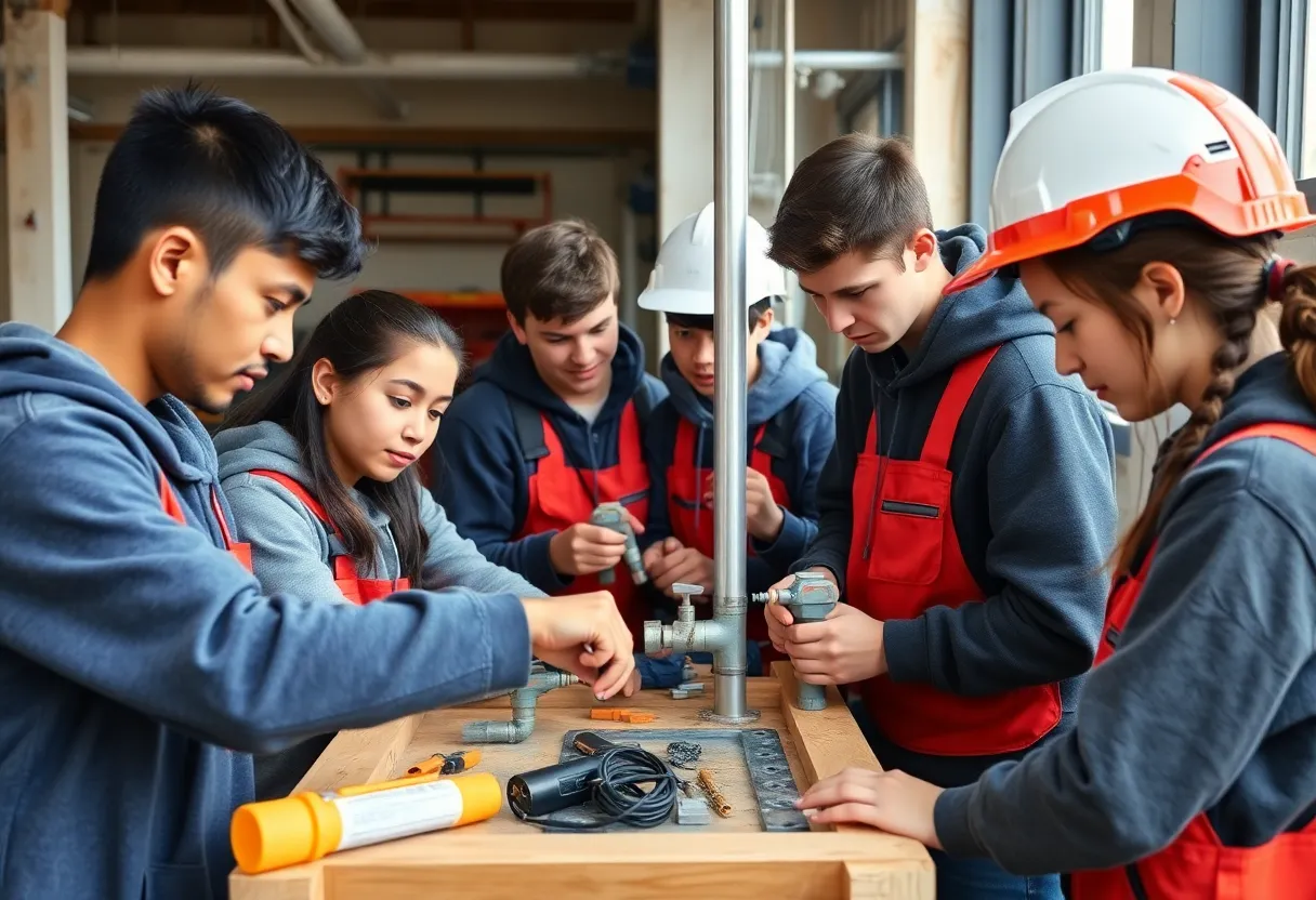 Students participating in a construction skills demonstration