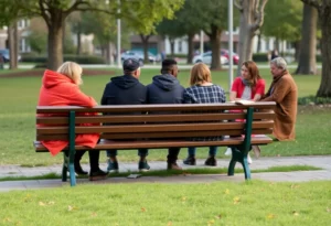 Community gathering around a bench discussing homelessness
