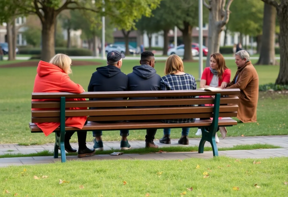 Community gathering around a bench discussing homelessness