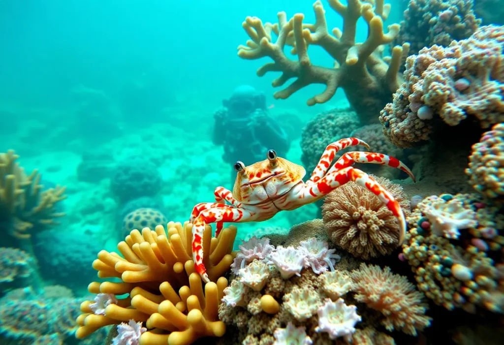 Illustration of the new crab species Costacopluma nicksabani in an underwater setting.
