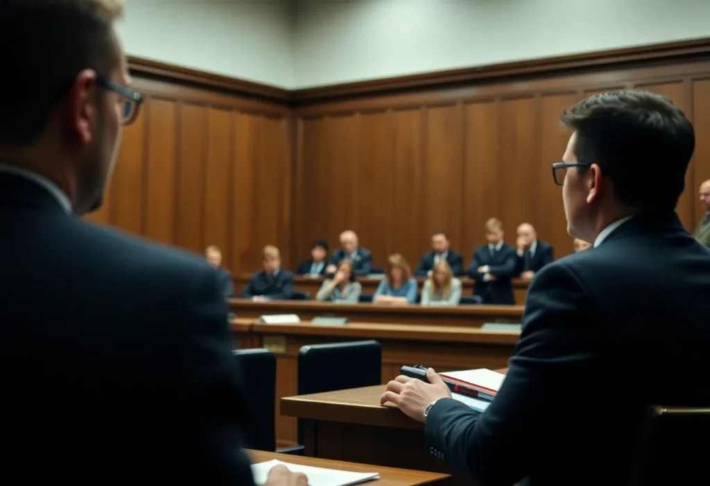 Courtroom during a trial related to a high-profile shooting case