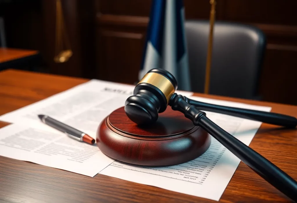 A courtroom setting depicting a gavel and legal documents symbolizing financial fraud justice