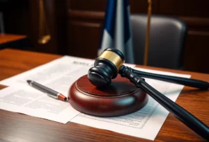 A courtroom setting depicting a gavel and legal documents symbolizing financial fraud justice