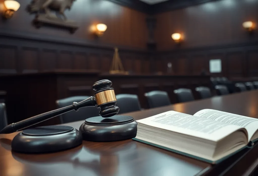 Courtroom setting depicting justice themes