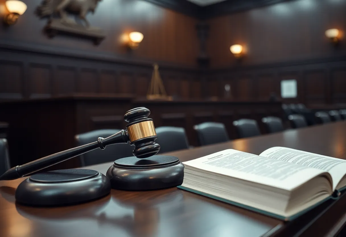 Courtroom setting depicting justice themes