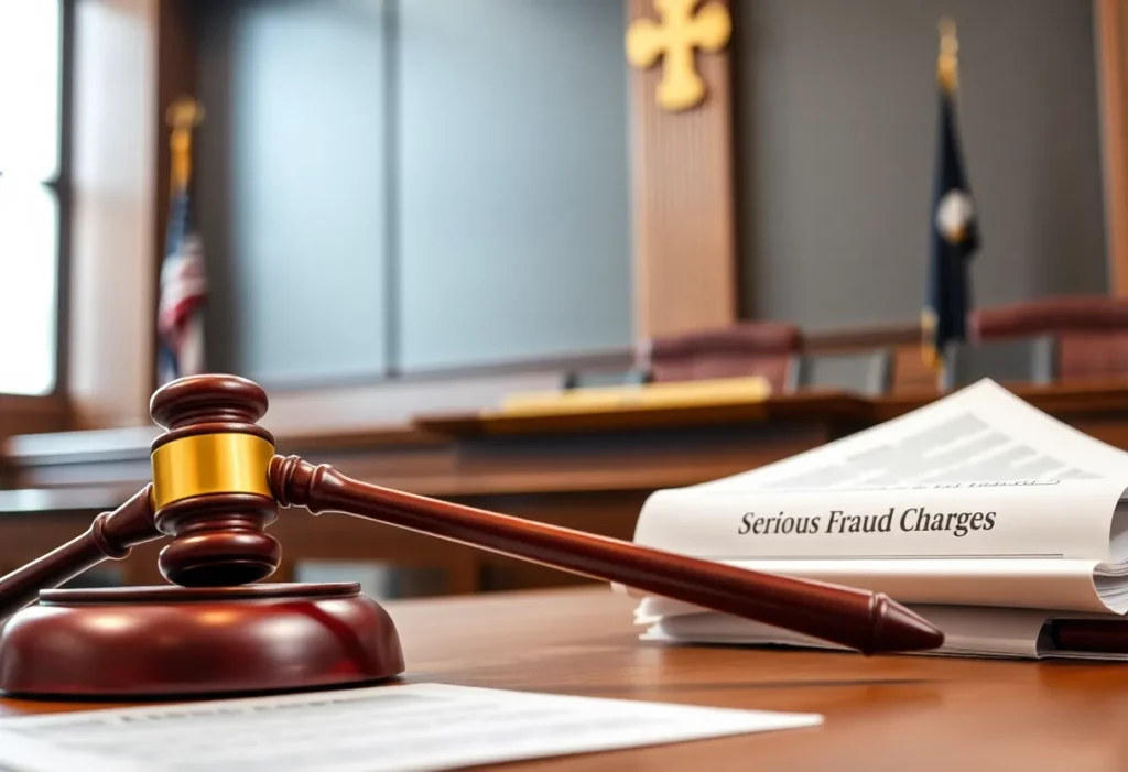 Courtroom setting with legal symbols representing fraud charges