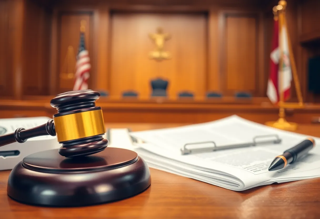 Courtroom scene illustrating a fraud trial.