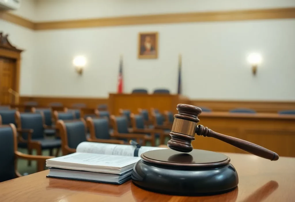 Courtroom setting for a serious murder trial