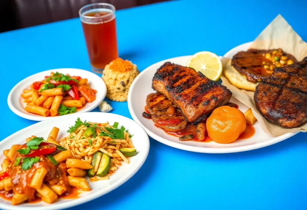 A variety of dishes representing the underrated restaurants in Huntsville, including tacos, curry, and BBQ.