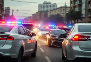 Damaged police vehicles in Huntsville following a high-speed chase