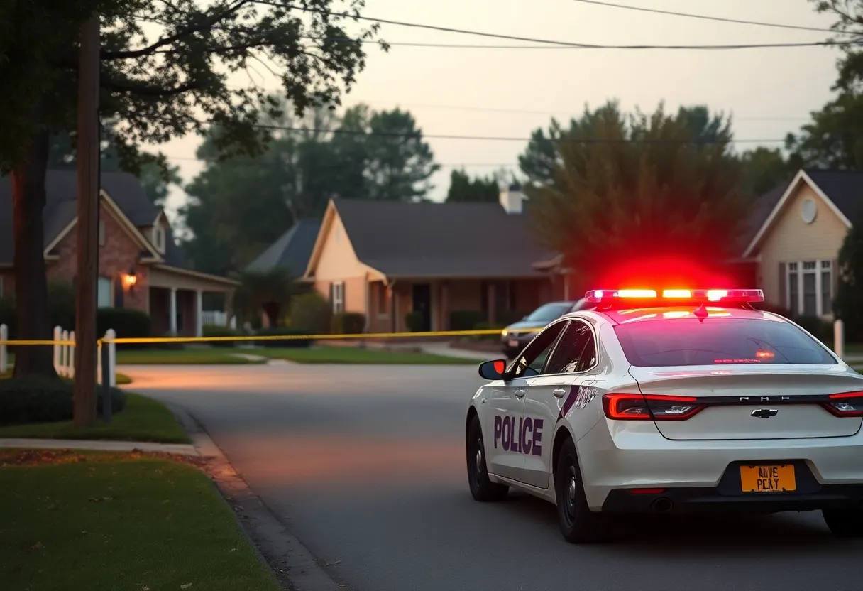 Police car outside a residential home in Decatur, Alabama during a shooting investigation.