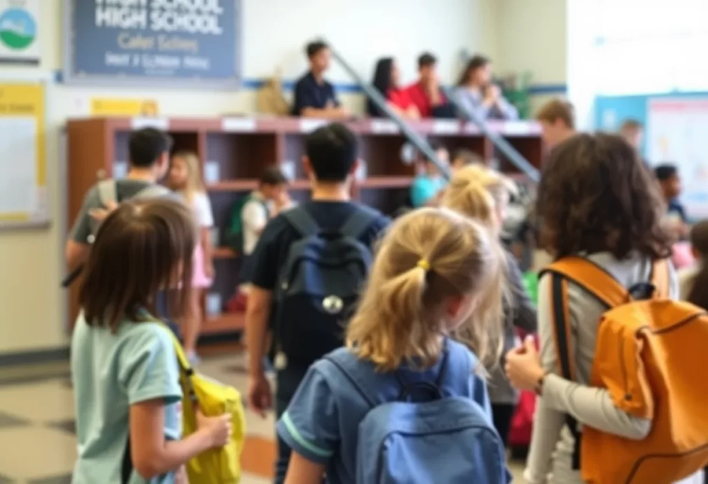 Deshler High School campus with students