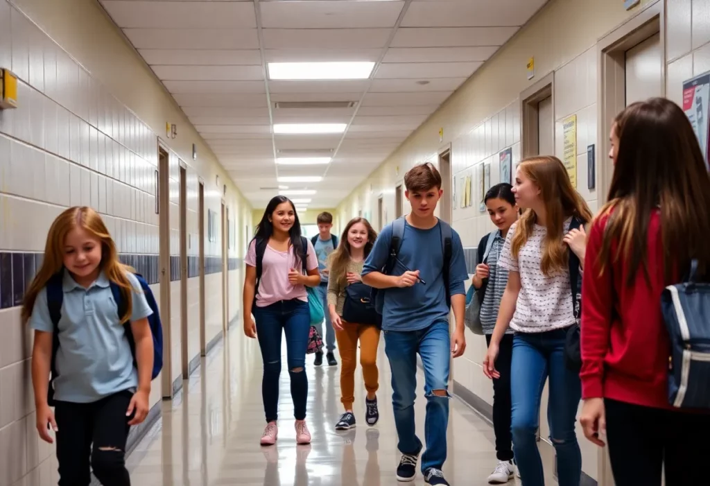 Students interacting in a high school corridor