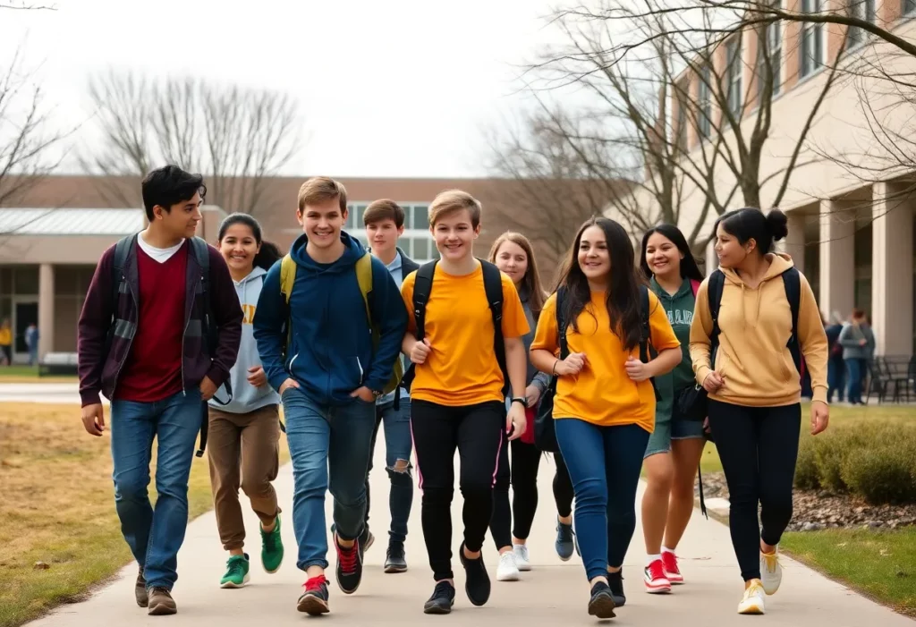 Students walking on a high school campus.