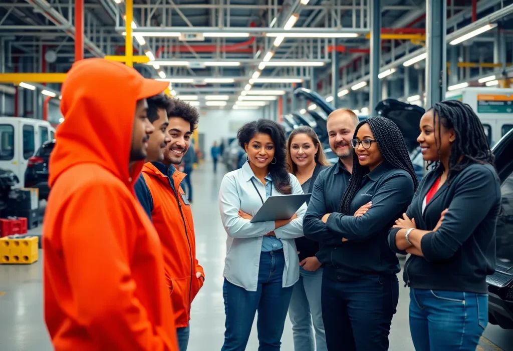 A diverse team working together in an automotive manufacturing plant.