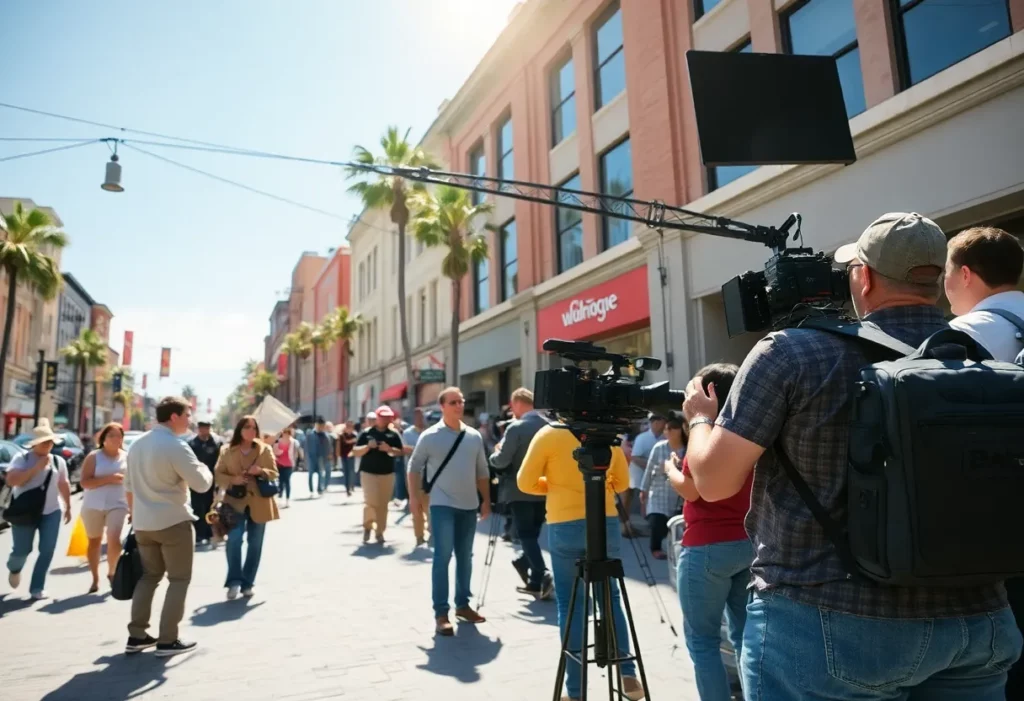 Film crew working on the set of 'Eleven Days' in downtown Huntsville