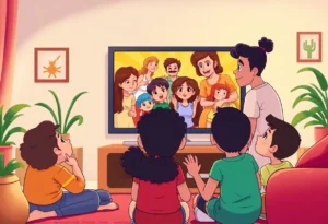 Illustration of a diverse family watching television with animated characters, representing inclusion.