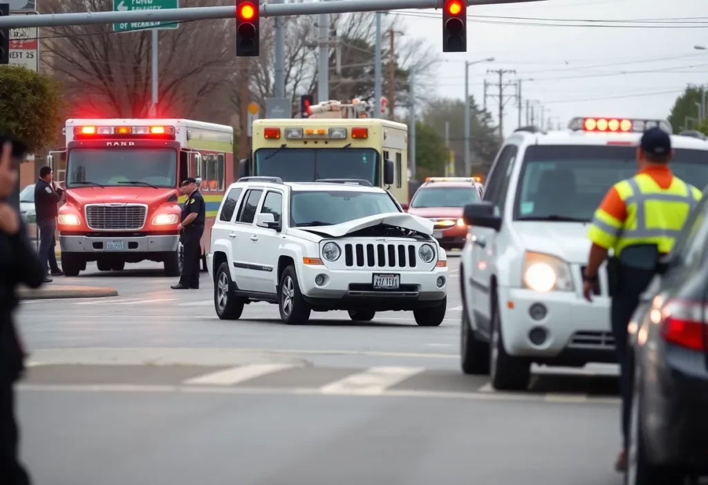 Emergency vehicles at an intersection with a white Jeep Patriot