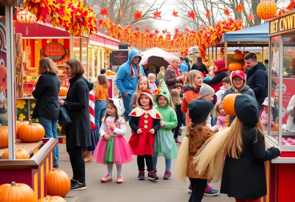 Families enjoying games and activities at a Halloween festival
