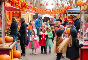 Families enjoying games and activities at a Halloween festival