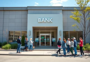 FirstBank building with community members interacting in Huntsville