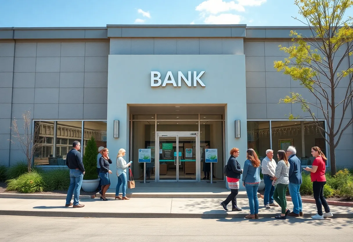 FirstBank building with community members interacting in Huntsville