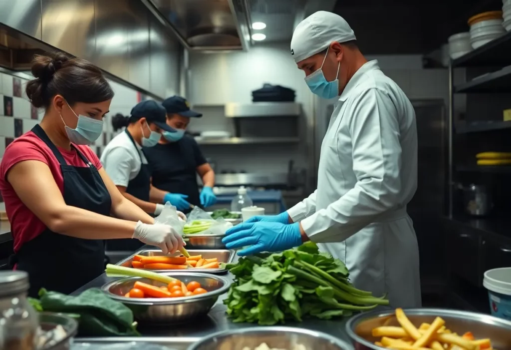 Restaurant kitchen with visible food safety violations