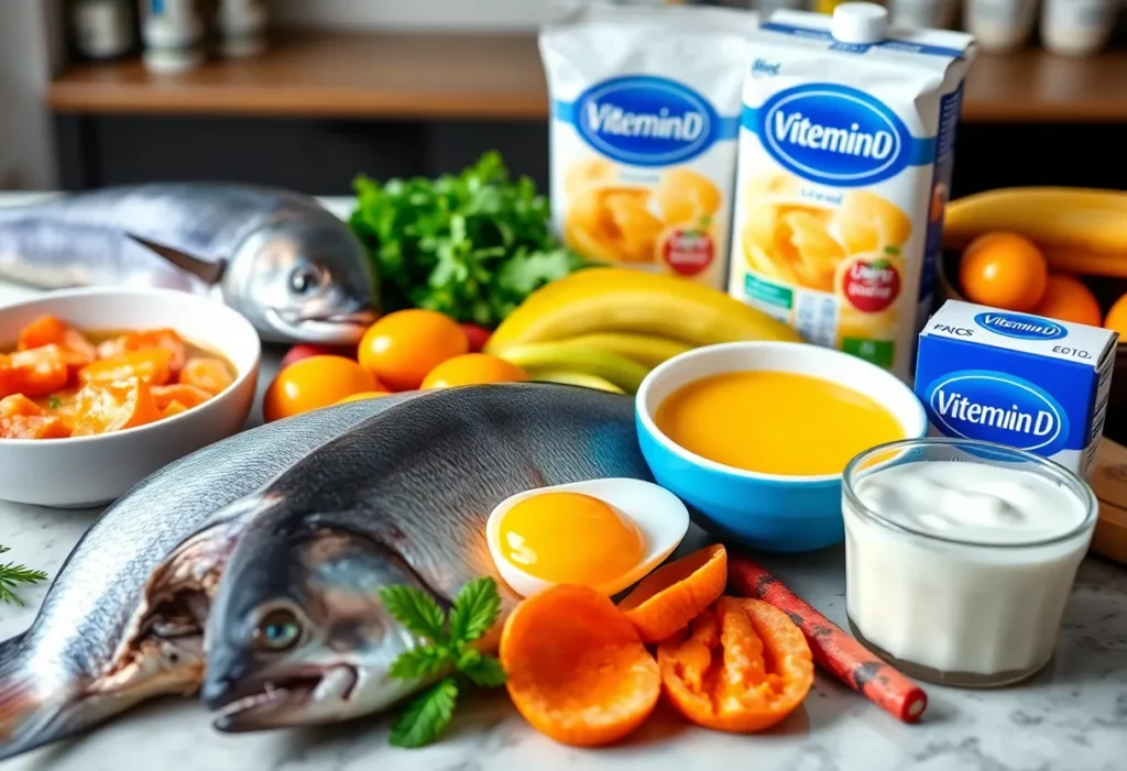 Various food sources that are rich in vitamin D including fish and egg yolks.