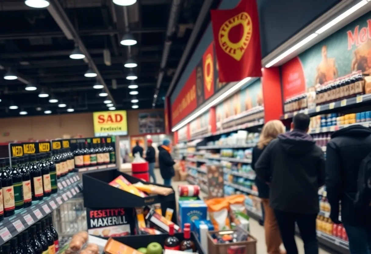 Display of alcoholic beverages and food items in a grocery store