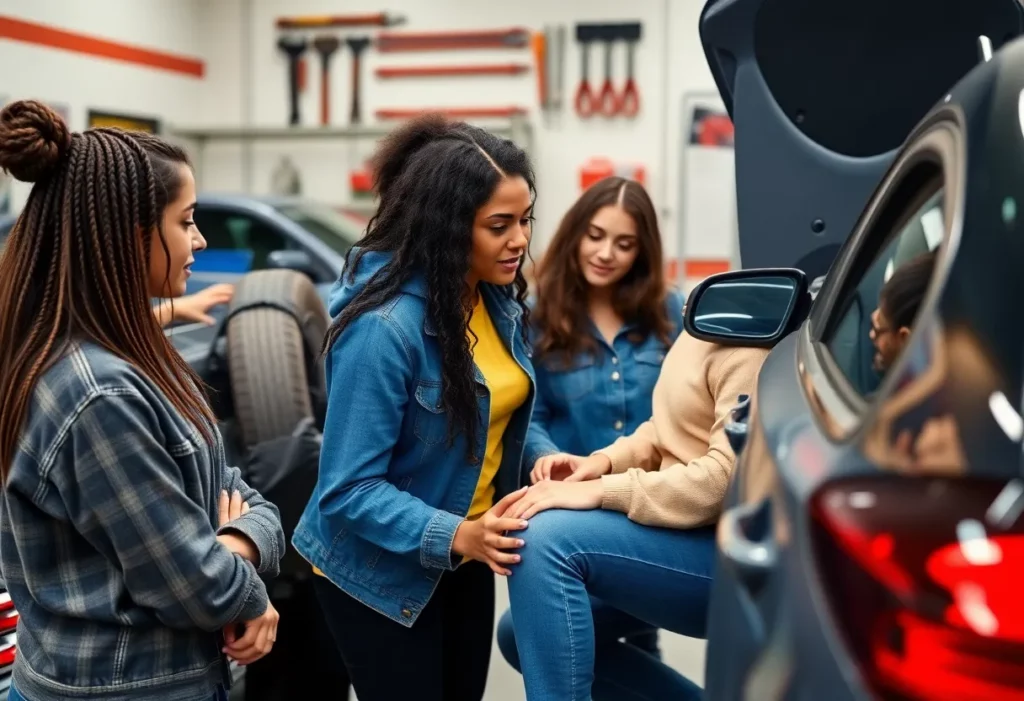 Young women learning car maintenance skills at a workshop in Huntsville.
