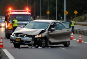 Scene of a traffic accident on a highway with emergency responders