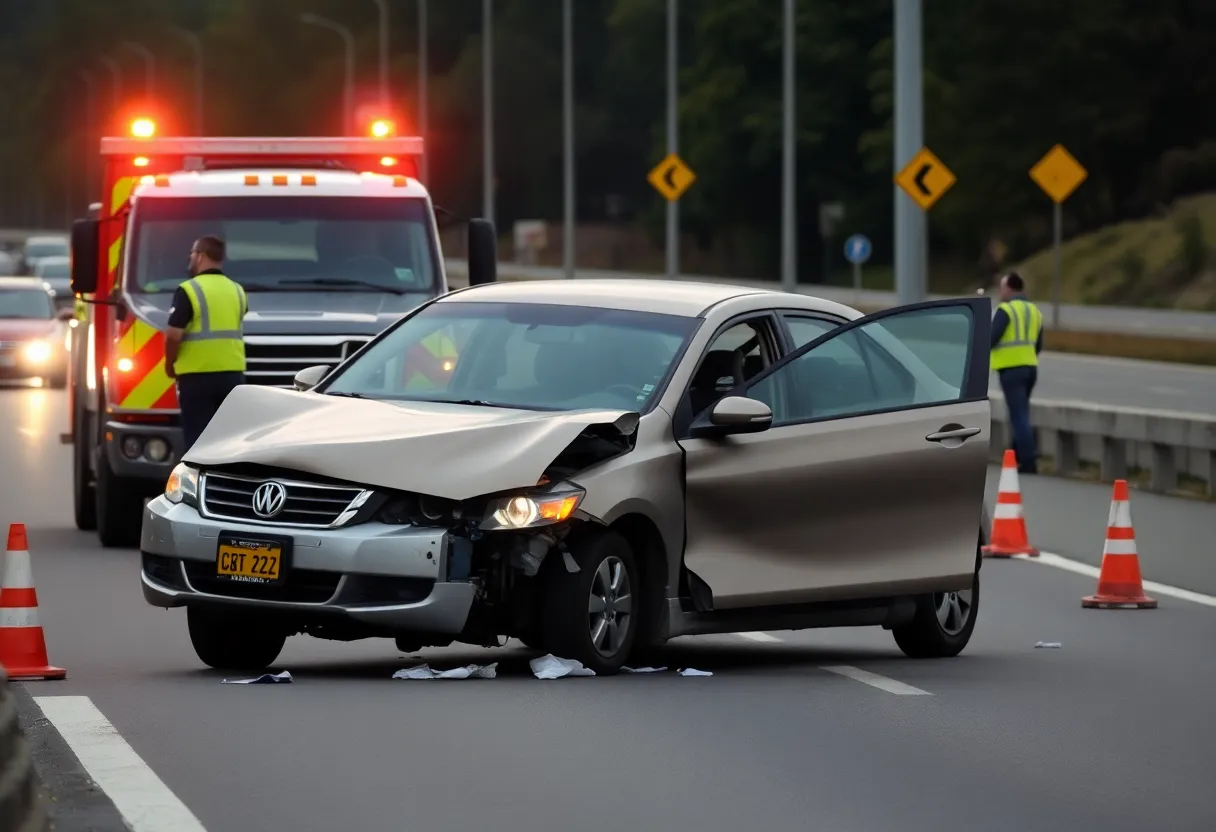 Scene of a traffic accident on a highway with emergency responders
