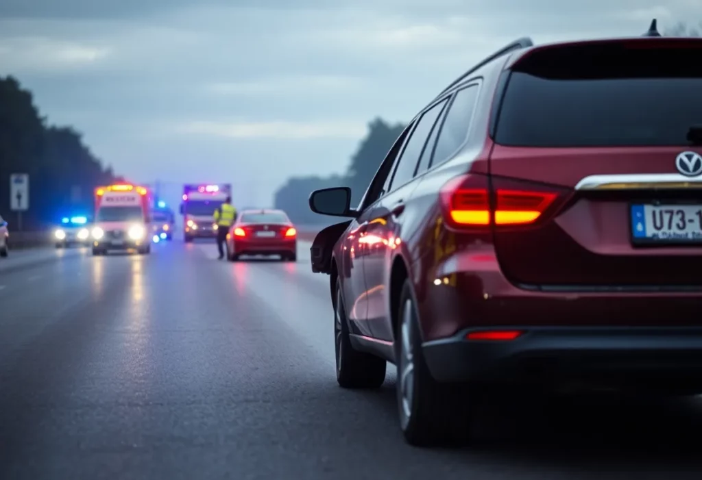 Emergency responders at the scene of a head-on collision on a highway.